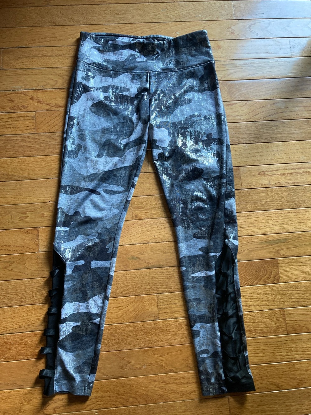 Justice Gray Camo Active Leggings with Side Ruffle Detail size 18/20 girls